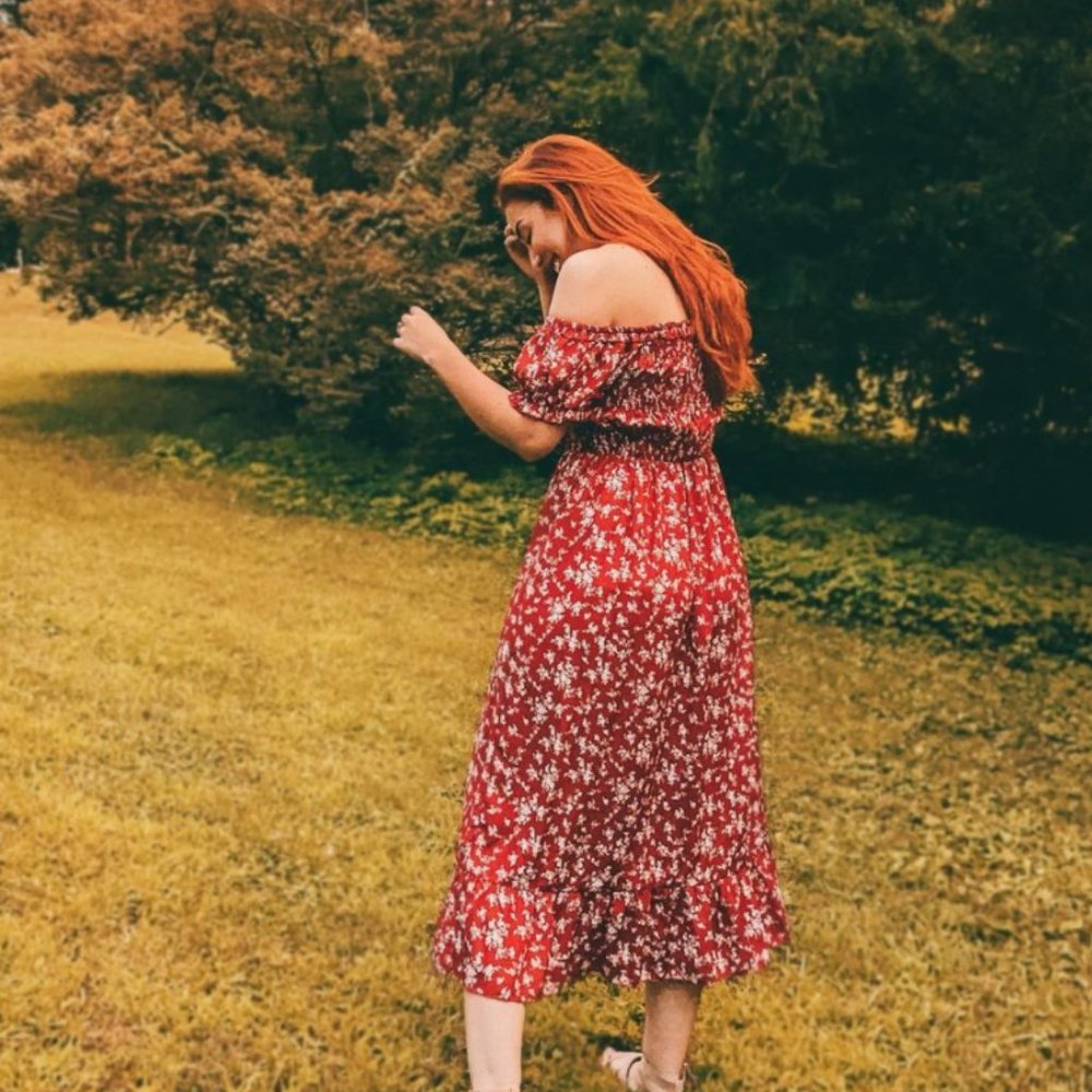 Off Shoulder Floral Red Midi Dress
